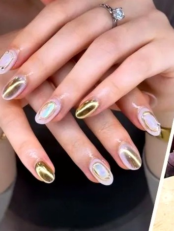 Chrome and aurora gel nail art by Atelier Rose Nails, Auckland