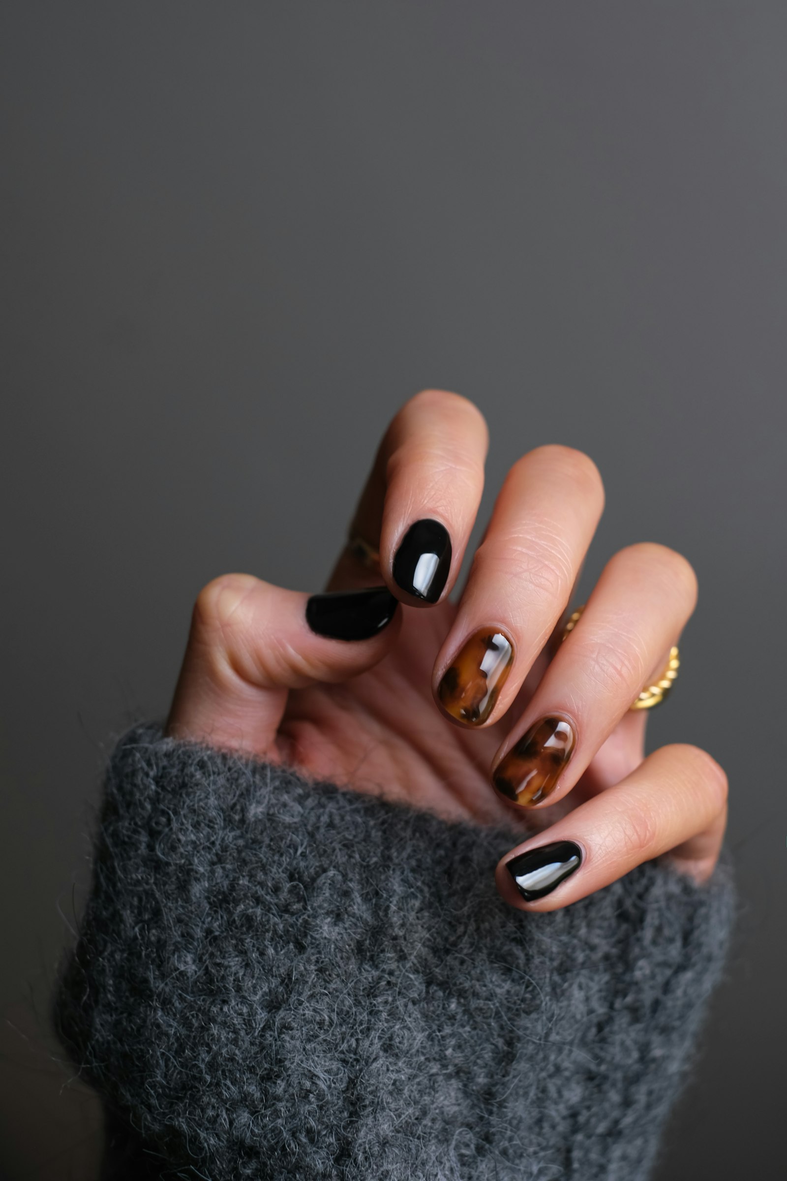 Glossy tortoiseshell and black nail set with gold rings
