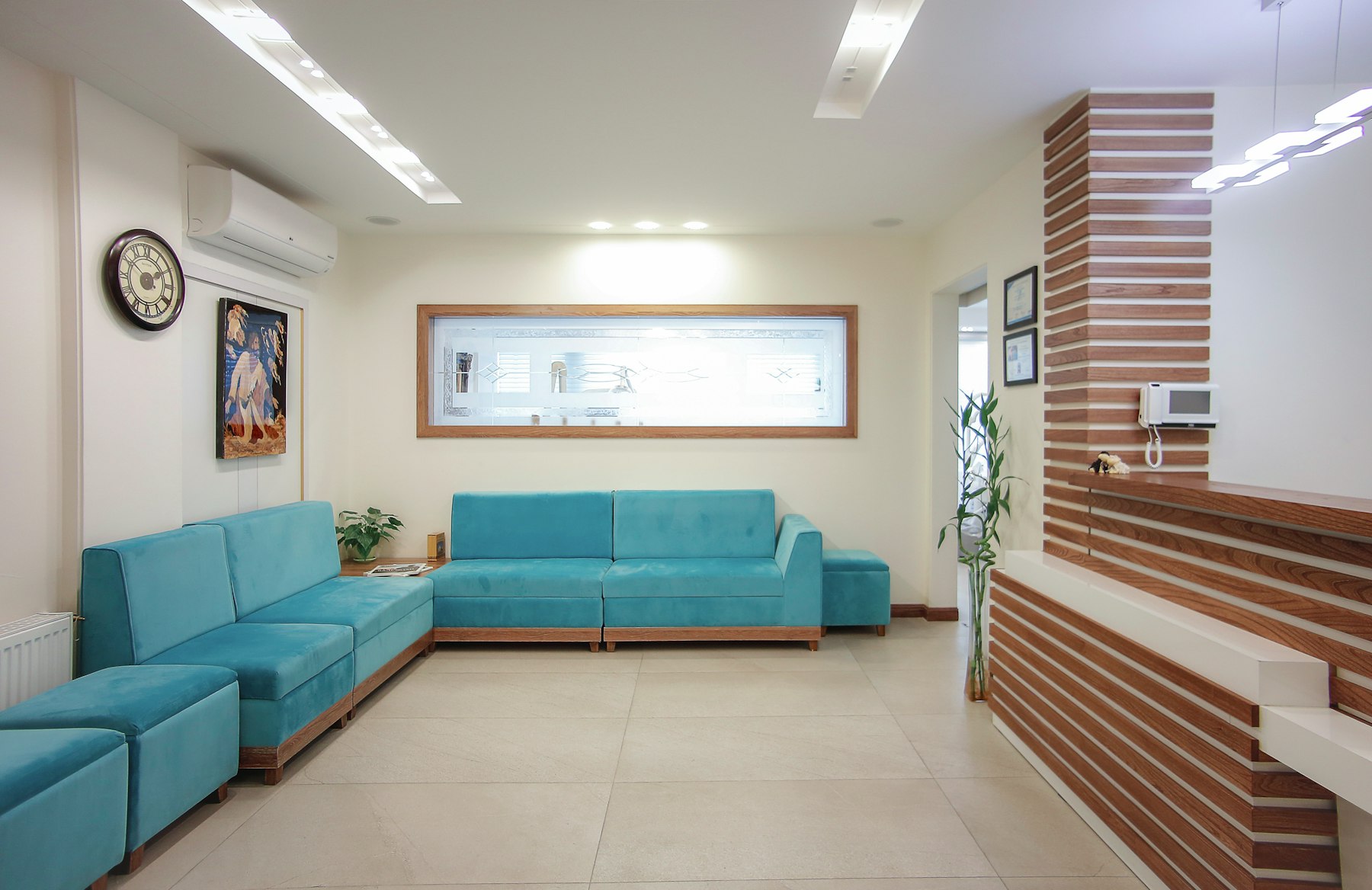 Calm dental waiting area with soft seating