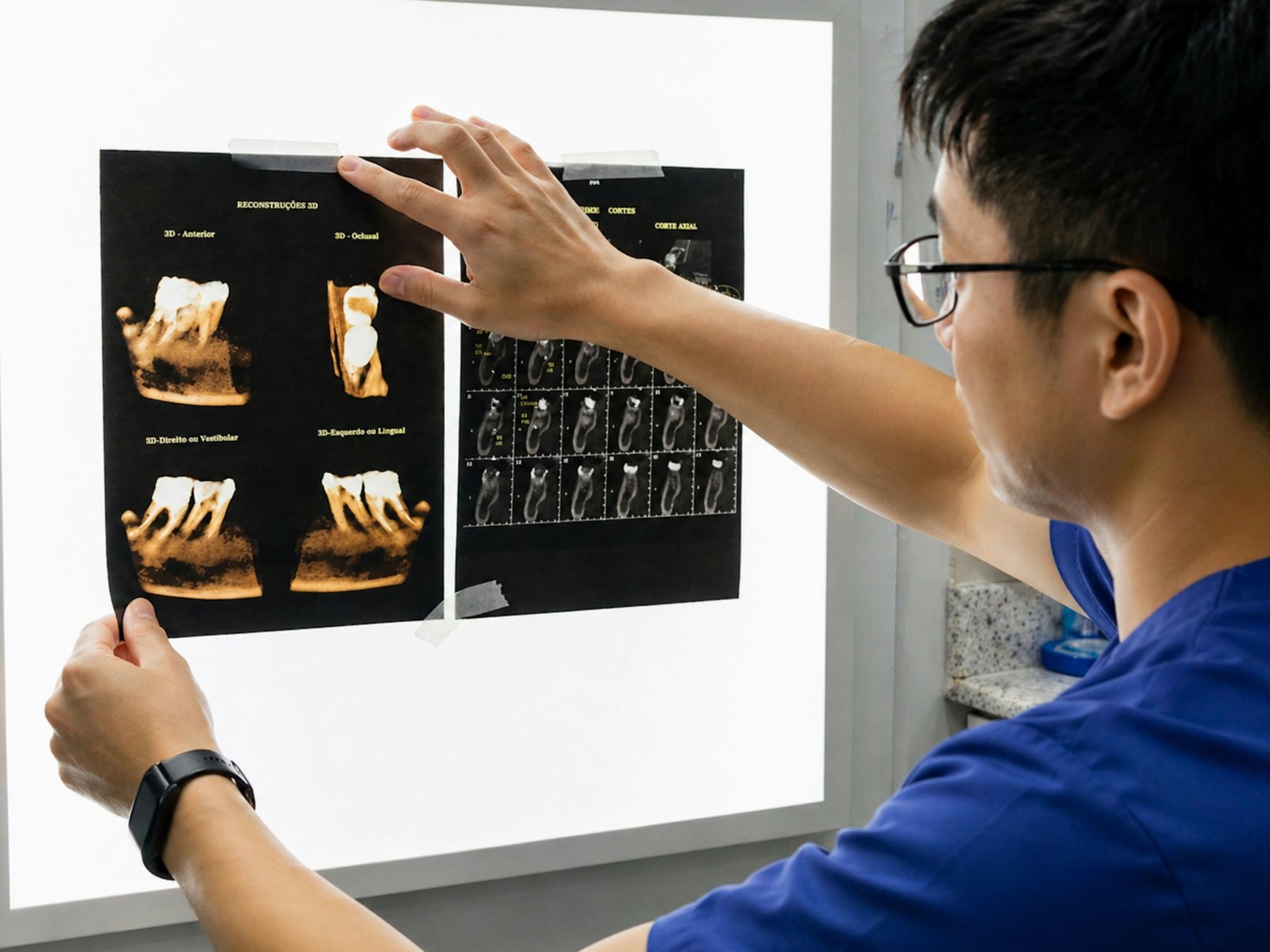 Dentist studying 3D dental scans on a lightbox, reviewing a treatment carefully
