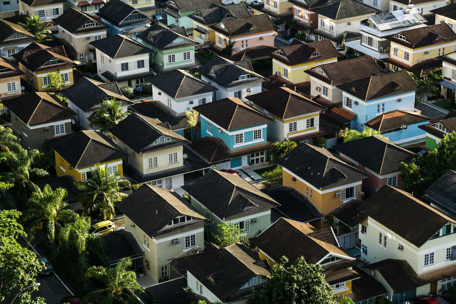 Aerial view of neighbourhood rooftops and ridgelines